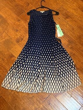 Navy Blue Diamond Pattern Sleeveless Fit & Flare Dress